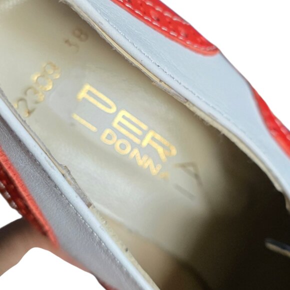 NWOT PERA DONNA ( 7.5 ) Red/White/Blue Gold Detail Lace Up Distressed Heels - Picture 10 of 10